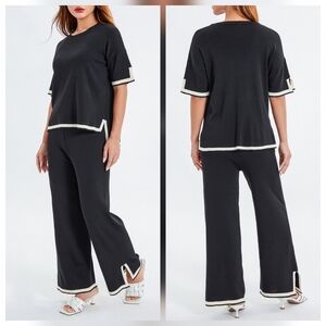 Women's Two Piece Lounge Set Black Wide Leg Pants & Top White Trim